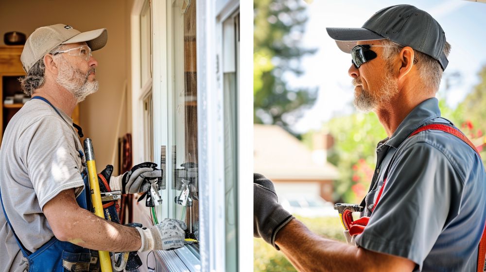Homeowner measuring a white vinyl window frame with tape in a sunny room, highlighting replacement windows Campbell, CA.