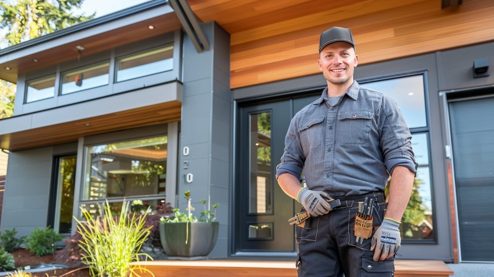 Window installer with tool belt outside home with black-framed windows, highlighting replacement windows Campbell, CA.