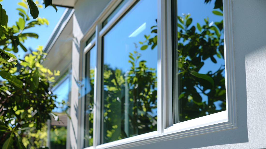 Close-up of white-framed windows reflecting garden greenery and blue sky, showcasing replacement windows Los Gatos, CA.