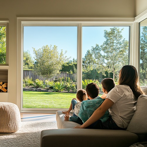 Family relaxing on a sofa enjoying backyard views through large, clear panes, highlighting replacement windows Los Gatos, CA.