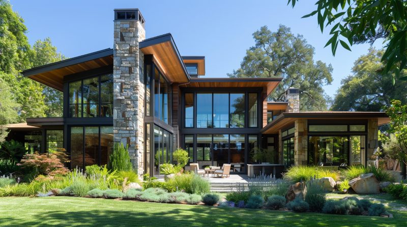 Contemporary home with expansive black-framed windows and stone-cedar details, showcasing replacement windows Los Gatos, CA.