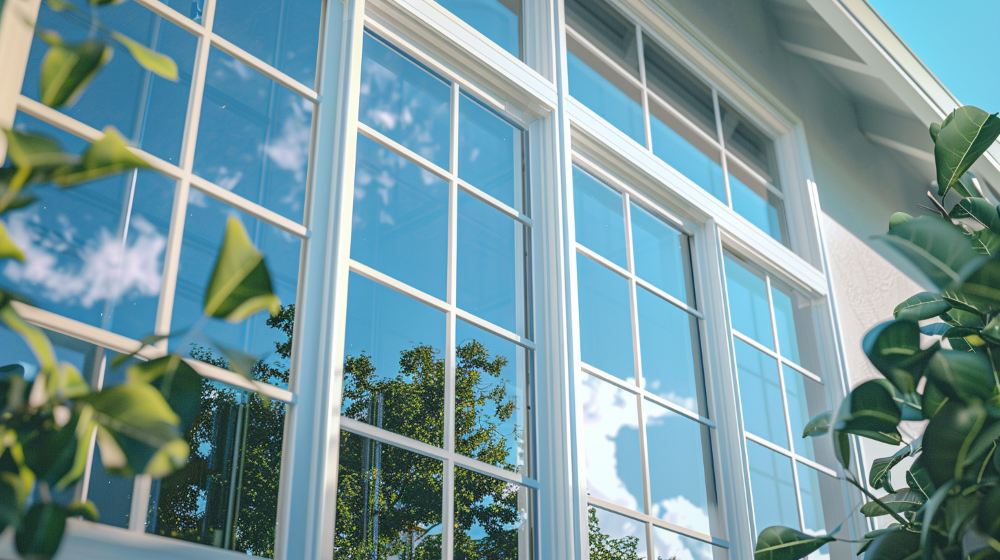White grid-pattern windows on a stucco home reflect trees and blue sky, highlighting replacement windows Saratoga, CA.