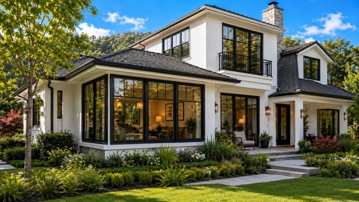Beautiful residential home facade with newly installed Replacement Windows Los Gatos CA and bright blue sky and lush landscaping