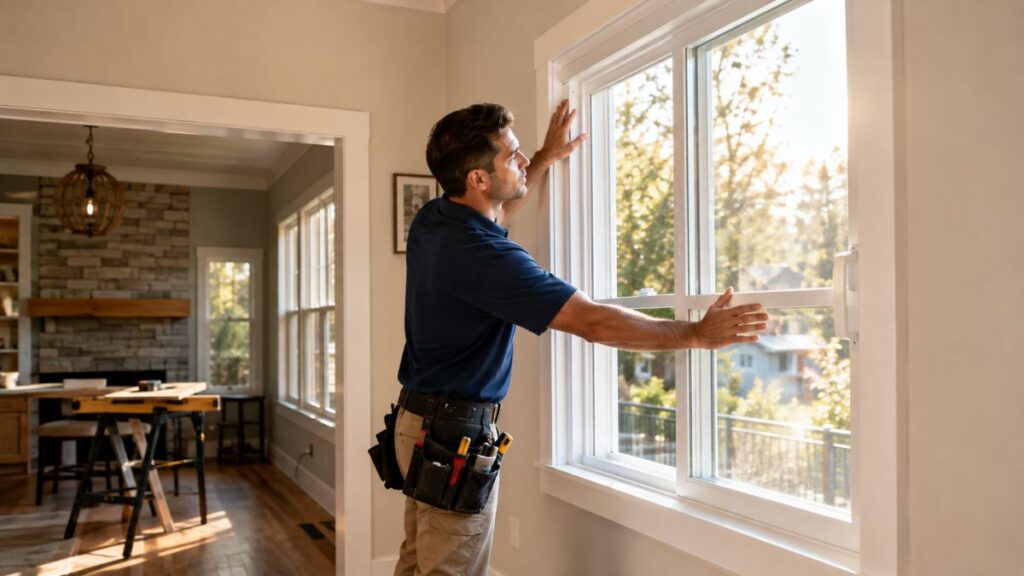 Professional Replacement Windows Los Gatos CA installer carefully securing and pressing a window frame from inside a residential home
