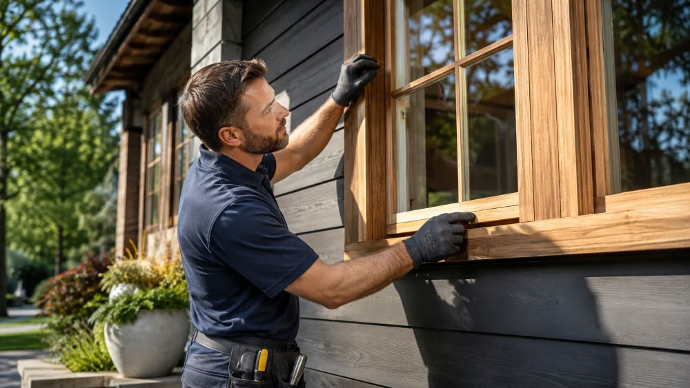 Skilled Replacement Windows Los Gatos CA installer working on a window frame from the exterior of a residential home